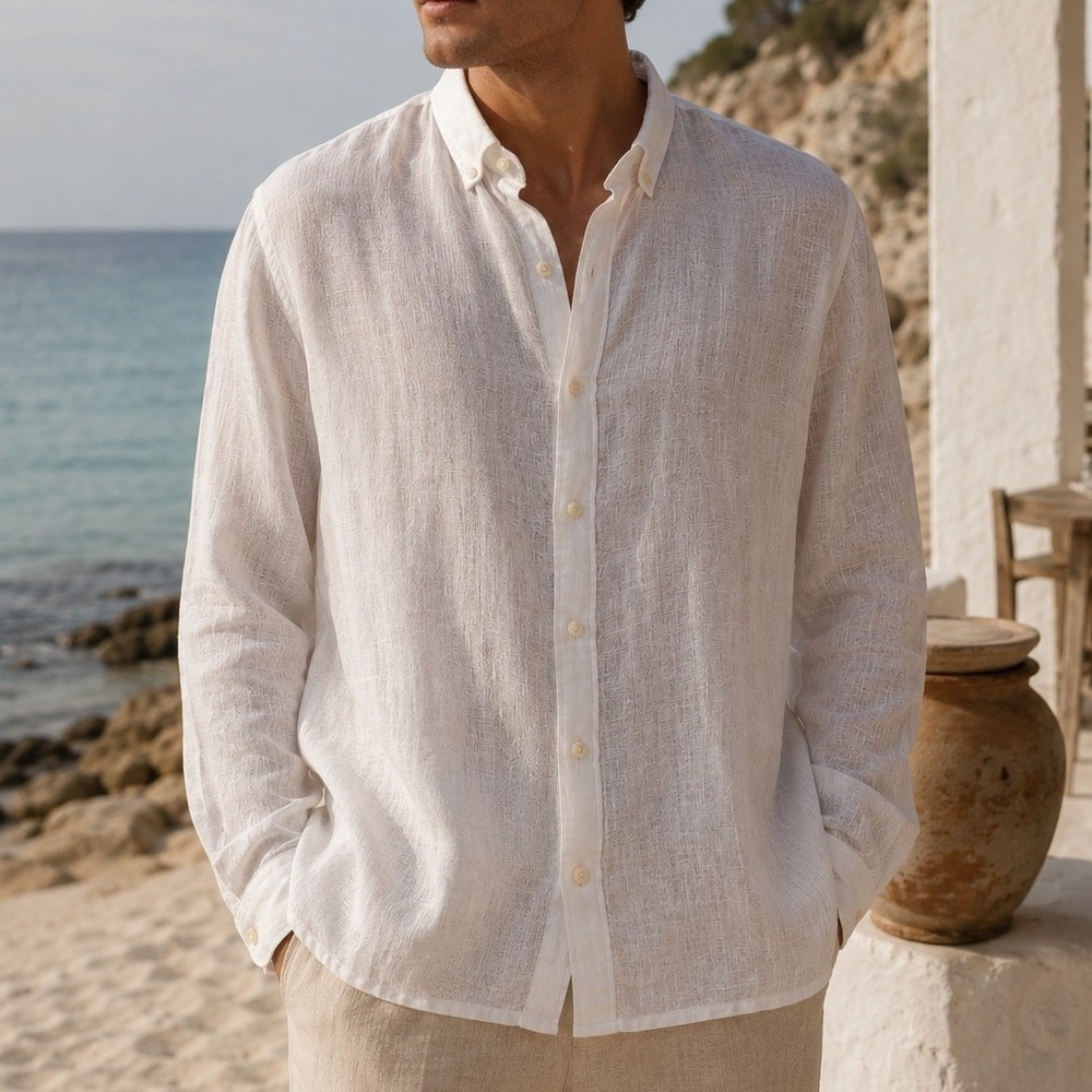 Ike Behar Luxe Travel Men's XXL White 100% Linen Button Down Long Sleeve Shirt